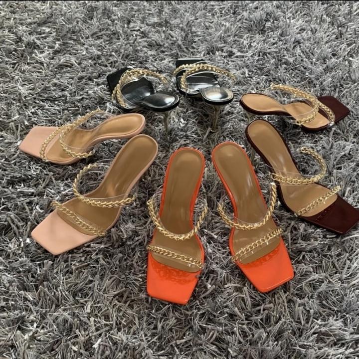 Square Toe Slipper Heels with Fashion Chain