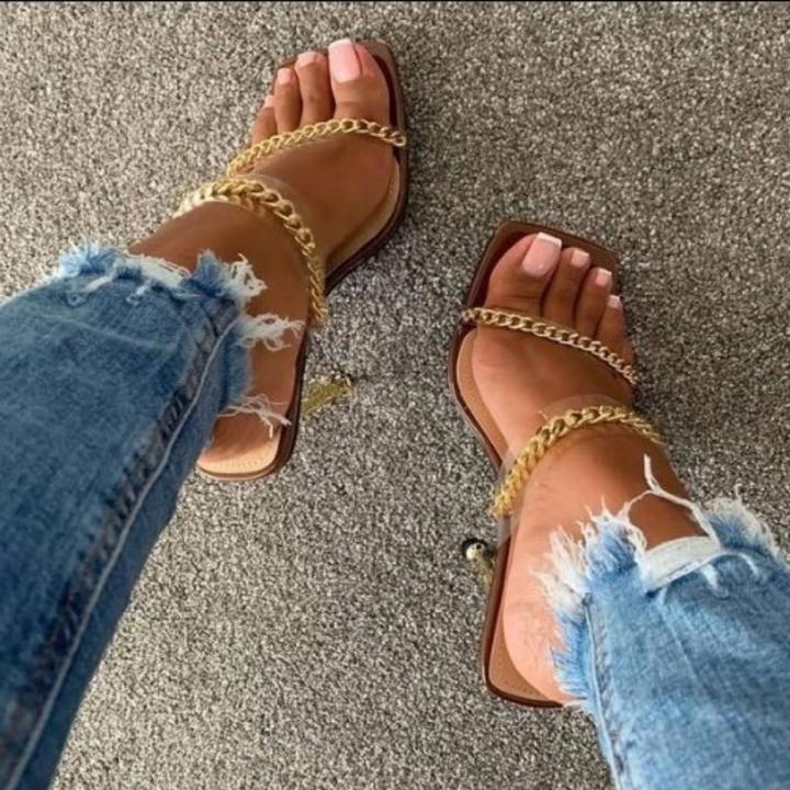 Square Toe Slipper Heels with Fashion Chain