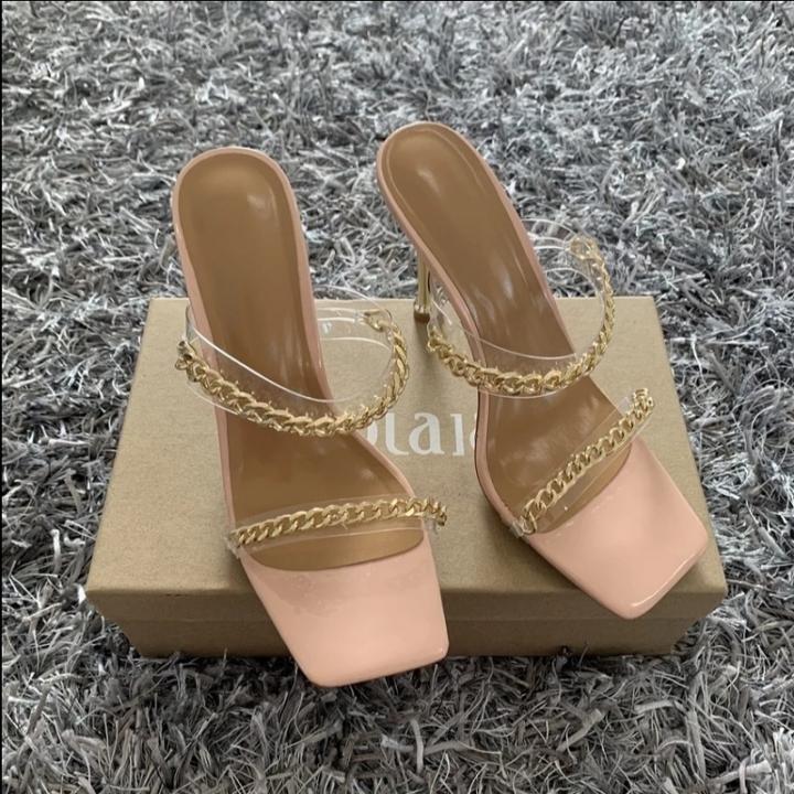 Square Toe Slipper Heels with Fashion Chain